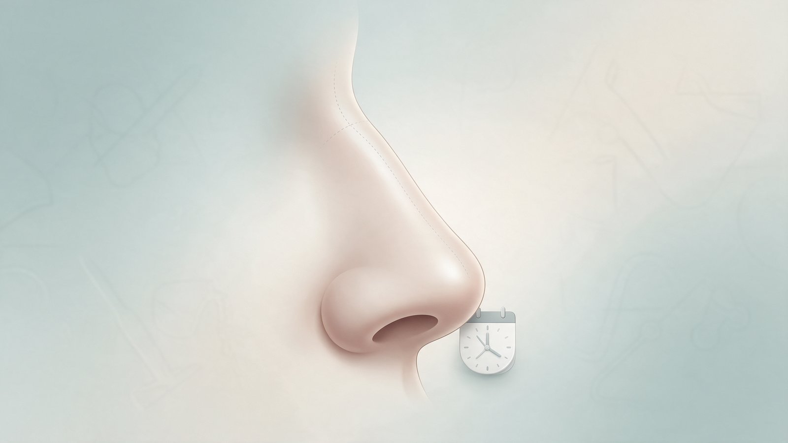 Illustration of a nose profile with a clock, representing the waiting period before revision rhinoplasty